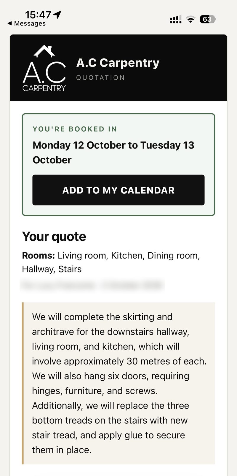Accepted mobile quote with A.C Carpentry branding and deposit prompt.