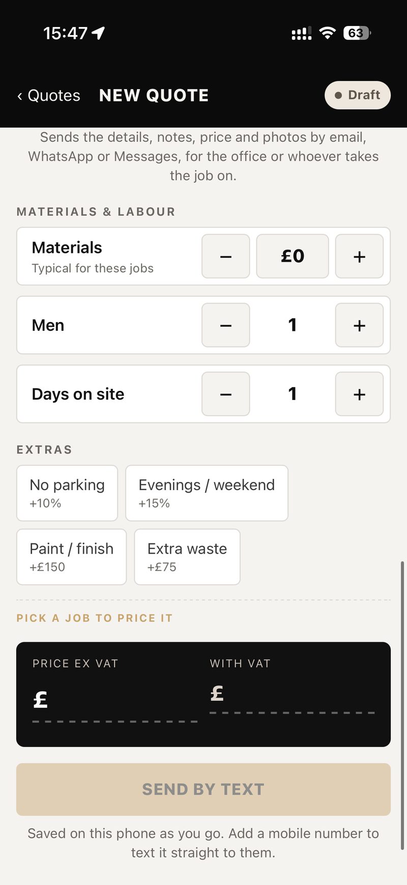 Select job types and add specific material/labor costs with Archline mobile app.