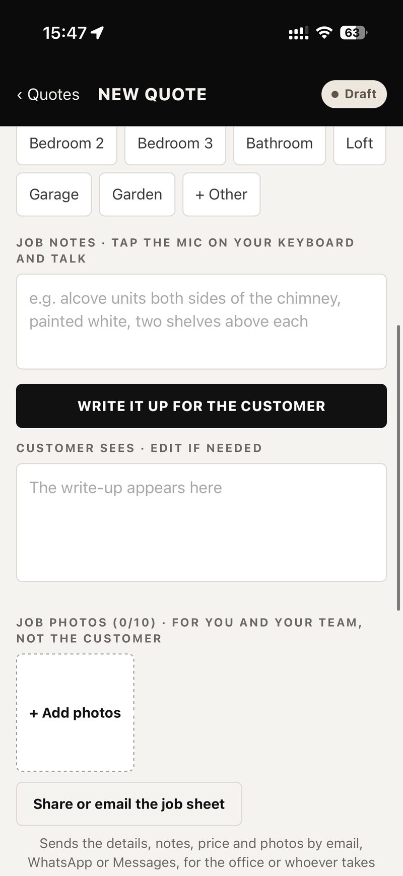 Voice-to-text input and photo attachments inside the mobile quoting dashboard.