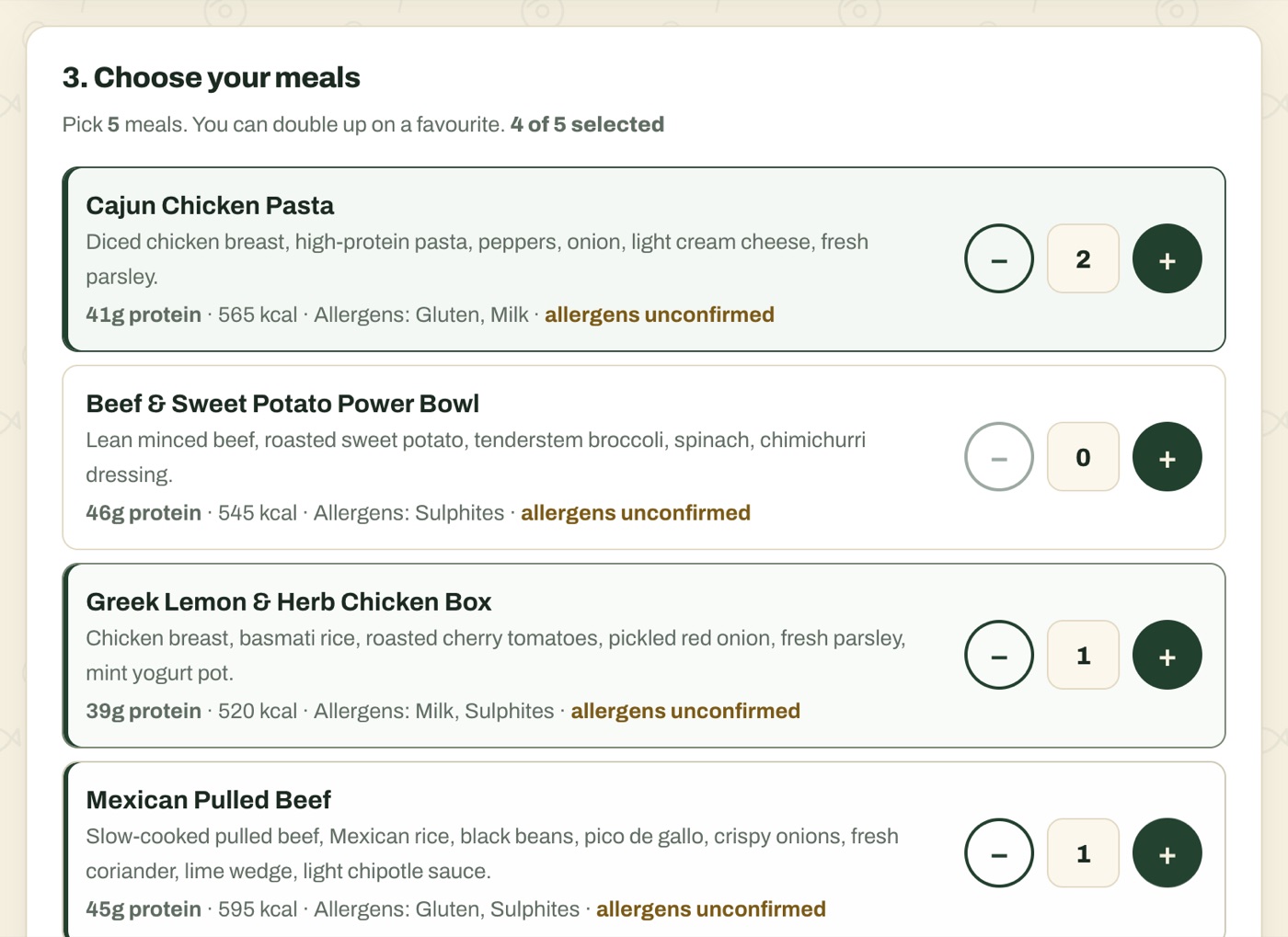 The Easy Bite meal picker: four of five meals chosen, each dish with its protein, calories and allergens, and a flag on every dish whose allergens the kitchen has not yet signed off.