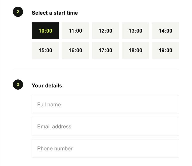The ShotBot booking form: a date picker, ten selectable hours, customer details, a £10 session summary and a secure payment button.